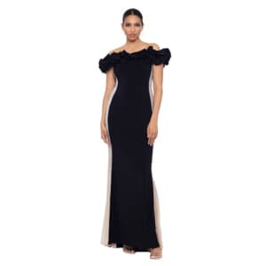 Xscape Women's Long Off The Shoulder Ruffle Beaded Mesh Back Dress, Black Nude Silver for $245