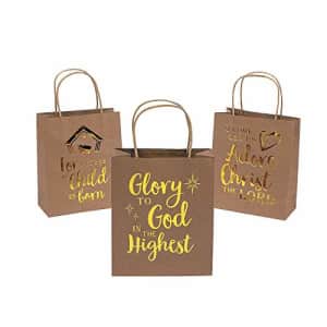 Fun Express Religious Gold Metallic Kraft Paper Gift Bags for Christmas (set of 12) Party Supplies for $11