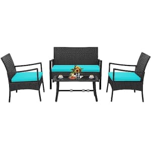 Tangkula 4 Pieces Rattan Conversation Set, Patio Sofa Couch Set with Tempered Glass Coffee Table, for $190