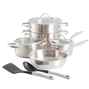 Kenmore Aiden 10 Piece Brushed Stainless Steel Pots and Pans Cookware Set with Kitchen Tools for $100