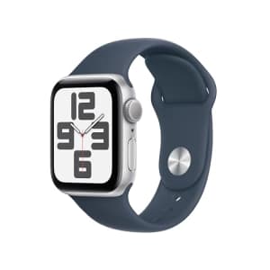 Apple Watch SE (2nd Gen) [GPS 40mm] Smartwatch with Silver Aluminum Case with Storm Blue Sport Band for $199
