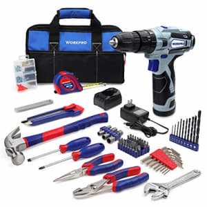 WORKPRO 12V Cordless Drill and Home Tool Kit, 177 Pieces Combo Kit with 14-inch Tool Bag for $60