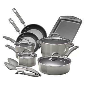 Rachael Ray Brights Nonstick Cookware Pots and Pans Set, 14 Piece, Sea Salt Gray for $267