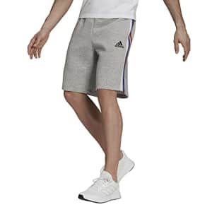 adidas Men's Standard Essentials Fleece 3-Stripes Shorts, Medium Grey Heather/White/Team Royal for $40