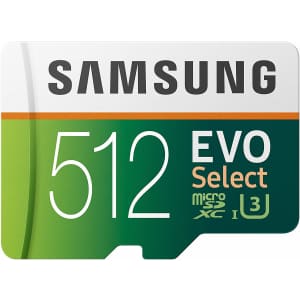 Samsung 512GB Evo Select UHS-I U3 microSDXC Card with SD Adapter for $65 Samsung 512GB Evo Select UHS-I U3 microSDXC Card with SD Adapter for $65