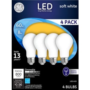 General Electric 60W Equivalent Dimmable A19 LED Light Bulb 4-Pack for $5