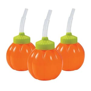 Fun Express Pumpkin Shaped Cups with lids and straws (set of 12) Halloween Party Supplies for $27