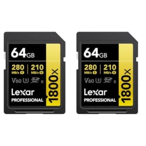 Lexar GOLD Series Professional 1800x 64GB UHS-II SDXC Memory Card, 2-Pack for $44
