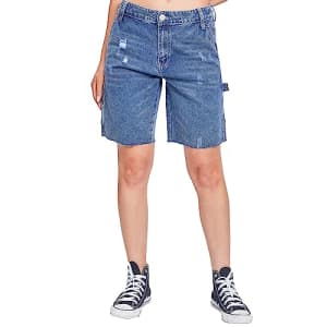 YMI Women's High Rise Denim Carpenter Shorts, Indigo Blue Rips, 01 for $34