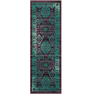 Maples Rugs Georgina Traditional Runner Rug Non Slip Hallway Entry Carpet [Made in USA], 2 x 6, Winberry/Teal for $20