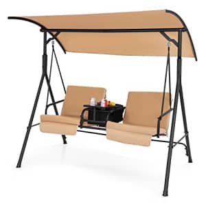 Tangkula 2 Person Porch Swing, Outdoor Swing with Pivot Storage Table, Cooler Bag, 2 Cup Holders, for $160