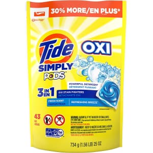 Tide Simply PODS +Oxi Liquid 25-oz. Laundry Detergent Capsules 43-Pack for $6.60 via Sub & Save Tide Simply PODS +Oxi Liquid 25-oz. Laundry Detergent Capsules 43-Pack for $6.60 via Sub & Save
