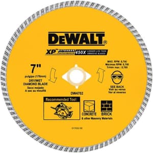 DEWALT DW4702 Industrial 7-Inch Dry or Wet Cutting Continuous Rim Diamond Saw Blade with 5/8-Inch for $28 DEWALT DW4702 Industrial 7-Inch Dry or Wet Cutting Continuous Rim Diamond Saw Blade with 5/8-Inch for $28
