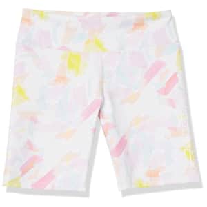 GUESS Girls' Big Print Stretch Microfiber Biker Shorts, AlloverBrushed Pop White Comb, 16 for $20