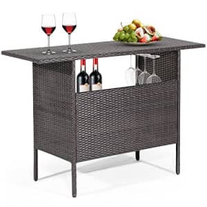 Tangkula Outdoor Wicker Bar Table, Patiojoy All Weather Patio Bar Height Table with 2 Metal Mesh for $160