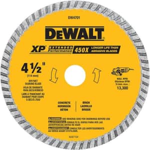 DEWALT Diamond Blade, Dry or Wet Cutting, Continuous Rim, 7/8-Inch Arbor, 4-1/2-Inch (DW4701) for $35 DEWALT Diamond Blade, Dry or Wet Cutting, Continuous Rim, 7/8-Inch Arbor, 4-1/2-Inch (DW4701) for $35