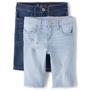 The Children's Place Girls' Denim Skimmer Jean Shorts, 2 Pack, Tessa Wash/Medium Blue Wash, 12 for $25