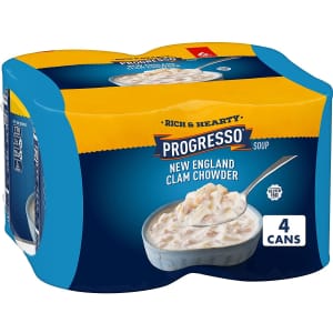 Progresso New England Clam Chowder Soup 19-oz. Can 4-Pack. Clip the on-page coupon to get this price, which is a buck or two less than most grocery store prices.