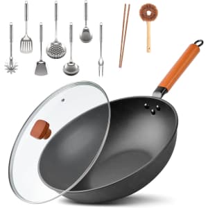 12.8" Carbon Steel Wok w/ Lid & Accessories for $20