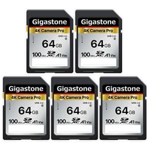 Gigastone 64GB 5-Pack SD Card V30 SDXC Memory Card High Speed 4K Ultra HD UHD Video Compatible with for $70 Gigastone 64GB 5-Pack SD Card V30 SDXC Memory Card High Speed 4K Ultra HD UHD Video Compatible with for $70