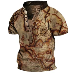 Men's Map Graphic Print Henley Shirt for $6