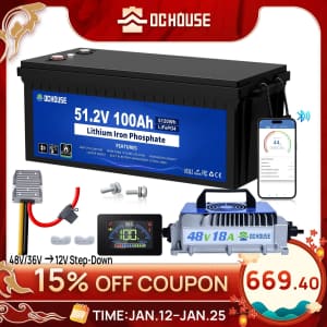 DC House 48V 100AH LiFePO4 Lithium Golf Cart Battery w/ Charger for $669