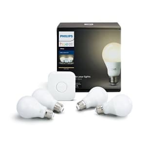 Philips Hue White A19 60W Equivalent LED Smart Bulb Starter Kit (4 A19 White Bulbs and 1 Hub for $148
