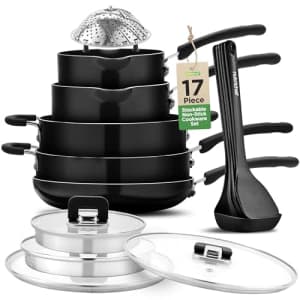 NutriChef 17-Piece Space Saver Cookware Set - Black Non Stick Pots and Pans with Stackable Design, for $121