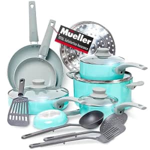 Mueller 16-Piece Non-Stick Stone Cookware Set with Steamer and Glass Lids, Turquoise for $56