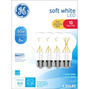 GE A19 60W-Equivalent Soft White LED Light Bulb 4-Pack for $5