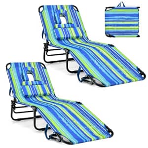 GYMAX Tanning Chair, 350lbs Beach Lounge Chair with Face Hole, Washable Pillow & Carry Strap, for $186