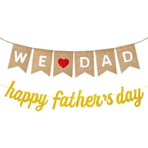 Ouddy Happy Fathers Day Banner We Love Dad Burlap Banner, Rustic Happy Fathers Day Party Decoration for $7