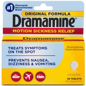 Dramamine Original Formula Motion Sickness Relief | 36 Count for $9 via Sub & Save Dramamine Original Formula Motion Sickness Relief | 36 Count for $9 via Sub & Save