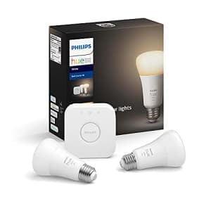 Philips Hue 2-Pack White A19 Dimmable Smart Bulb Starter Kit with Hub (Voice Compatible with Amazon for $53
