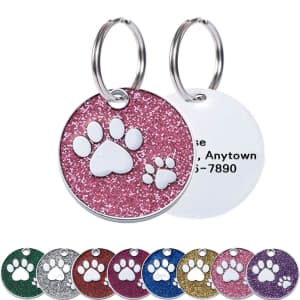 Round Paw Glitter Custom Personalized Engraved Pet ID Tag for $4
