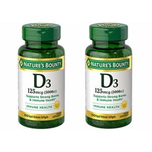 Nature's Bounty Vitamin D3 125mcg (5000 IU), 150 Rapid Release Softgels (Pack of 2) for $27 Nature's Bounty Vitamin D3 125mcg (5000 IU), 150 Rapid Release Softgels (Pack of 2) for $27