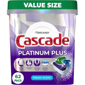 Cascade Platinum Plus ActionPacs Dishwasher Detergent Pods 62-Pack for $15