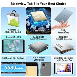 Blackview Tab 5 Tablets, 2023 Latest Tablet Android 12, Quad-Core 5GB(3+2) RAM 64GB ROM up to 1TB for $80