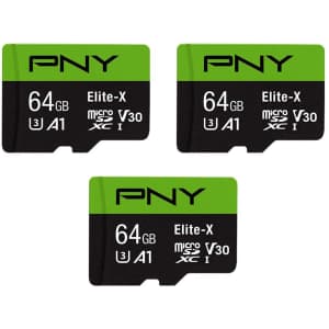 PNY 64GB Elite-X Class 10 U3 V30 microSDXC Card 3-Pack: $15.99
