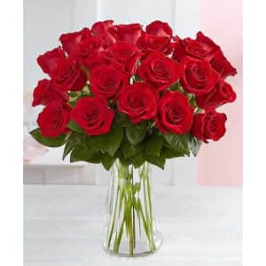 1-800-Flowers Two Dozen Red Roses w/ Clear Vase for $43