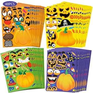 Ouddy 48 Sheets Halloween Stickers for Kids, DIY Make Pumpkin Face Stickers for Halloween Party Favors for $8