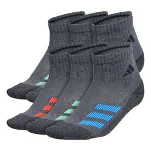 adidas Kids-Boy's/Girl's Cushioned Angle Stripe Quarter Socks (6-Pair), Onix Grey/Pulse Blue/Vivid for $15