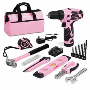 WORKPRO 12V Pink Cordless Drill Driver and Home Tool Kit, Hand Tool Set for DIY, Home Maintenance, for $48