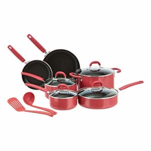 Amazon Basics Ceramic Non-Stick 12-Piece Cookware Set, Red - Pots, Pans and Utensils for $57