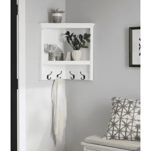 Home Decorators Collection Shiplap Floating Decorative Cubby Corner Wall Shelf with Hooks for $115