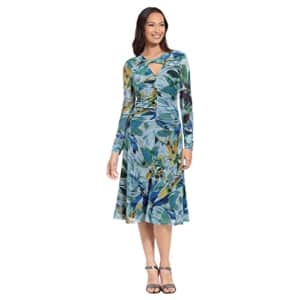 London Times Women's Twist Keyhole Neck Shirred Mesh Versatile Slimming Occasion Midi Dress, Blue for $42