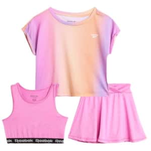 Reebok Girls' Active Skirt Set - 3 Piece Mesh T-Shirt, Crop Tank Top, and Athletic Skort - Girls for $20