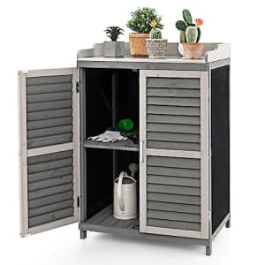 Goplus Outdoor Potting Bench Table, Garden Storage Cabinet w/Metal Tabletop, Roll-up Side Door, for $140
