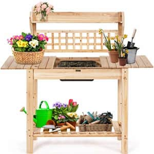 Giantex Garden Potting Bench, Outdoor Wood Work Table w/Sliding Tabletop, Planter Bench Work for $110