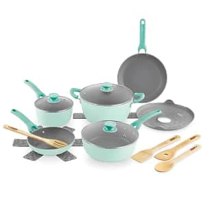 DASH Dream Green Nonstick Ceramic Cookware Set, 15 Piece, Aqua Green - Recycled Aluminum and for $136